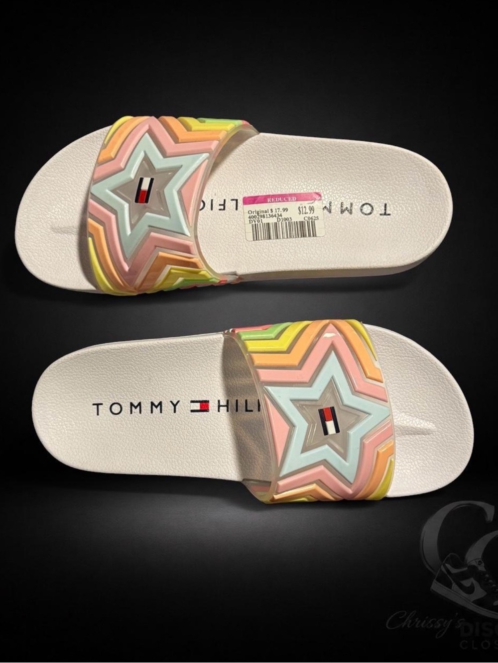 Tommy Hilfiger White Slide Sandals with Pastel Stripe Bands